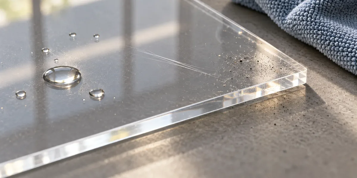 Dust and faint marks on a clear acrylic panel beside a soft microfiber cloth.