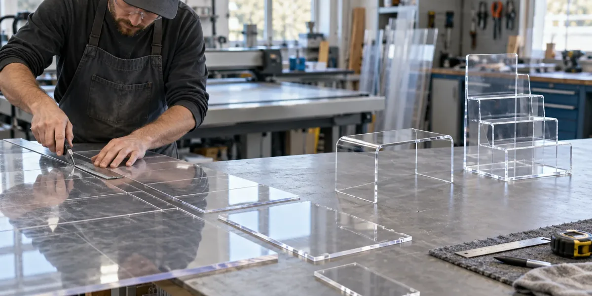 Acrylic parts and finished display forms on a fabricator’s workbench.
