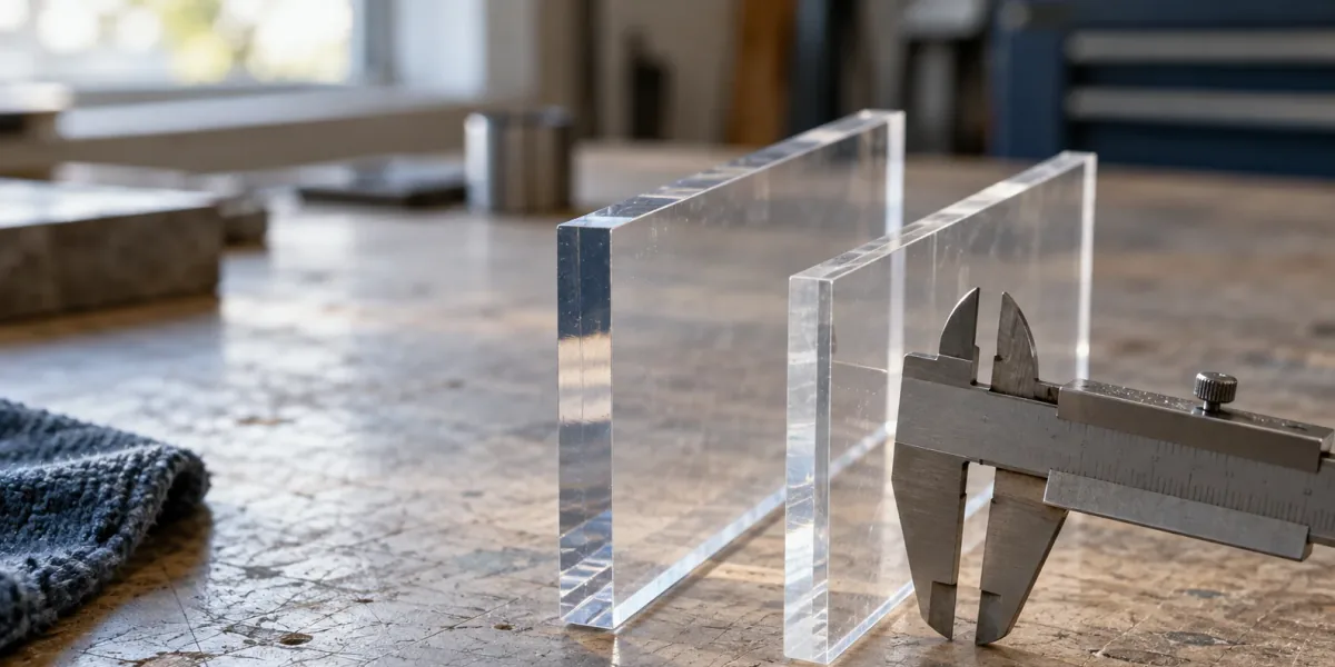 Clear acrylic offcuts of different thicknesses beside a caliper on a workshop table.