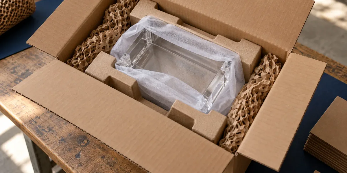 A clear acrylic component protected by paperboard inserts inside an open shipping carton.