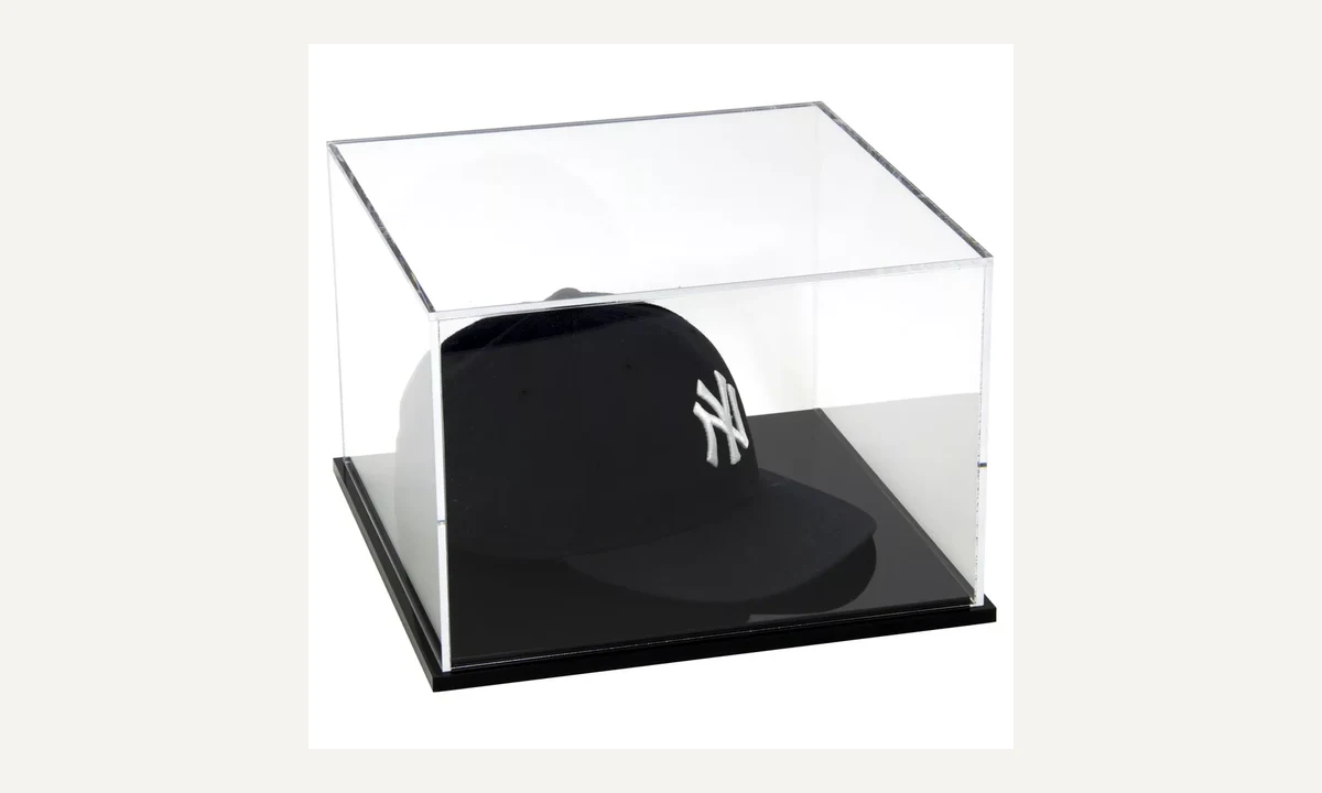 Clear rectangular cap display case with a black base and a cap inside.