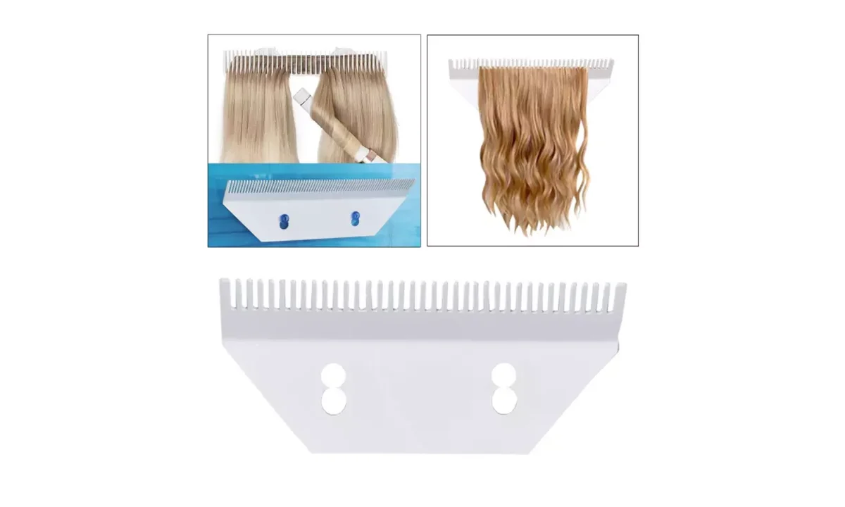 White comb-style hair extension display reference with swatches hanging from teeth and a separate view of its mounting features.