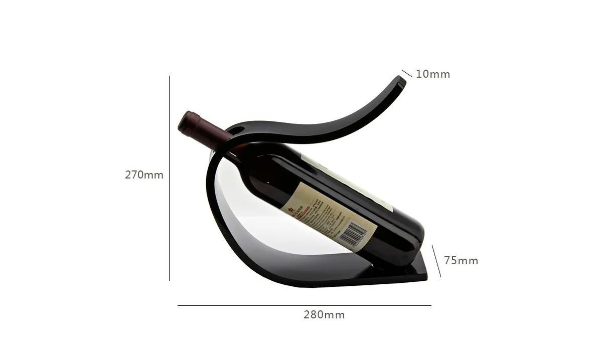 Curved single-bottle holder with a bottle resting between its upper and lower supports.