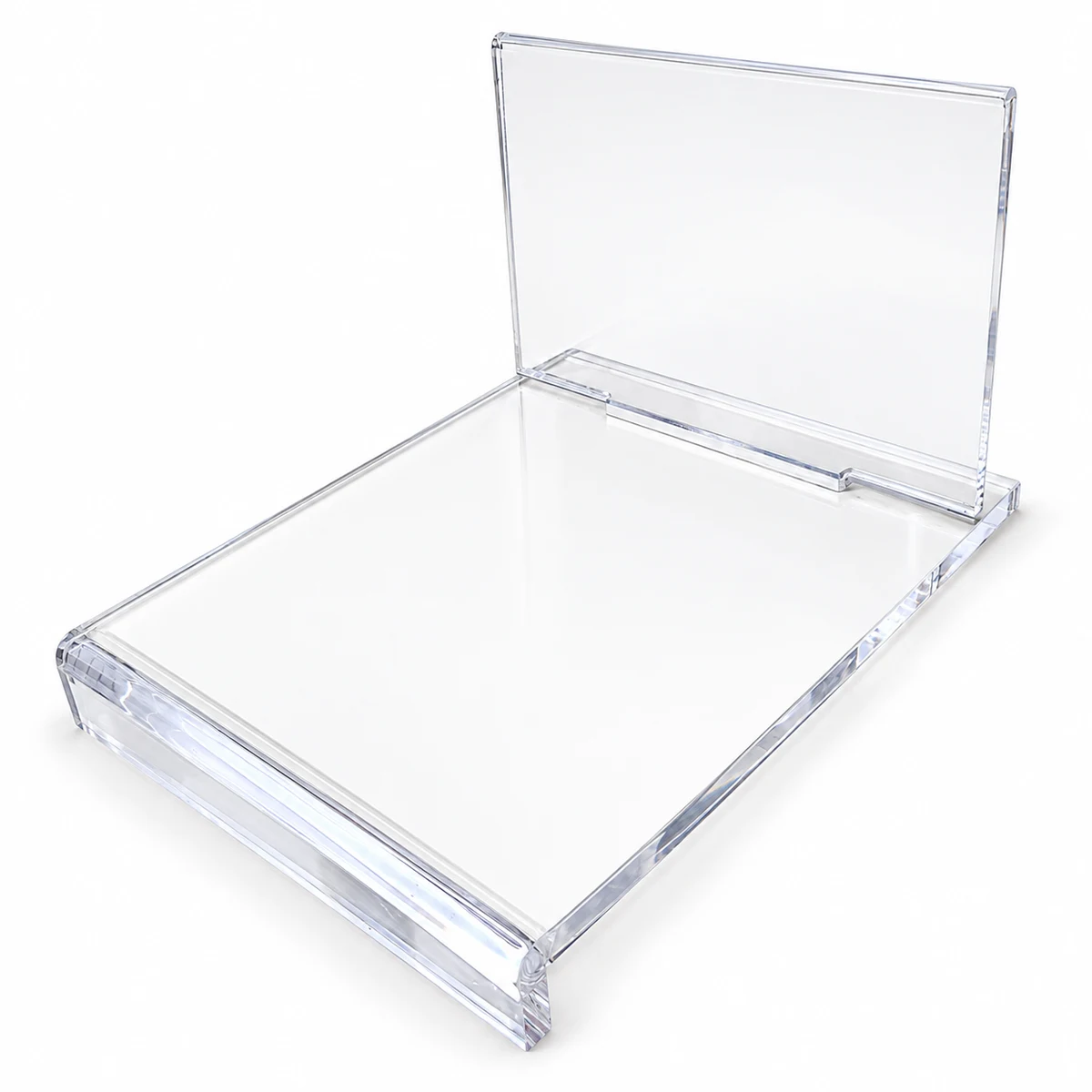 Clear acrylic eyewear display stand with a rectangular base and a single upright rear panel