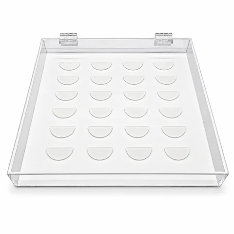 Clear hinged acrylic false lash display case with 24 semicircular holders on a white insert