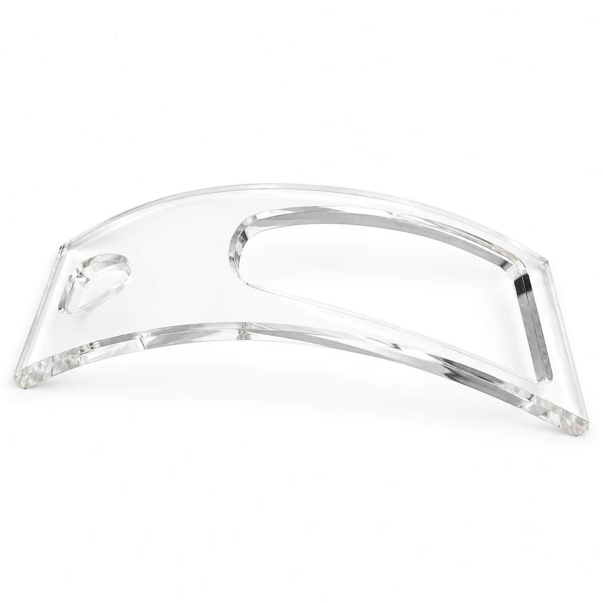 Clear curved acrylic lash palette with a large open arch and one round glue ring opening