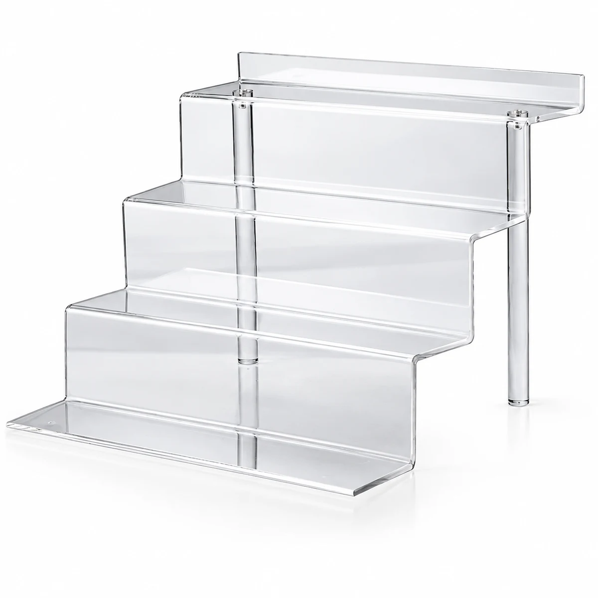 Four tier clear acrylic stepped countertop display with two cylindrical metal rear supports