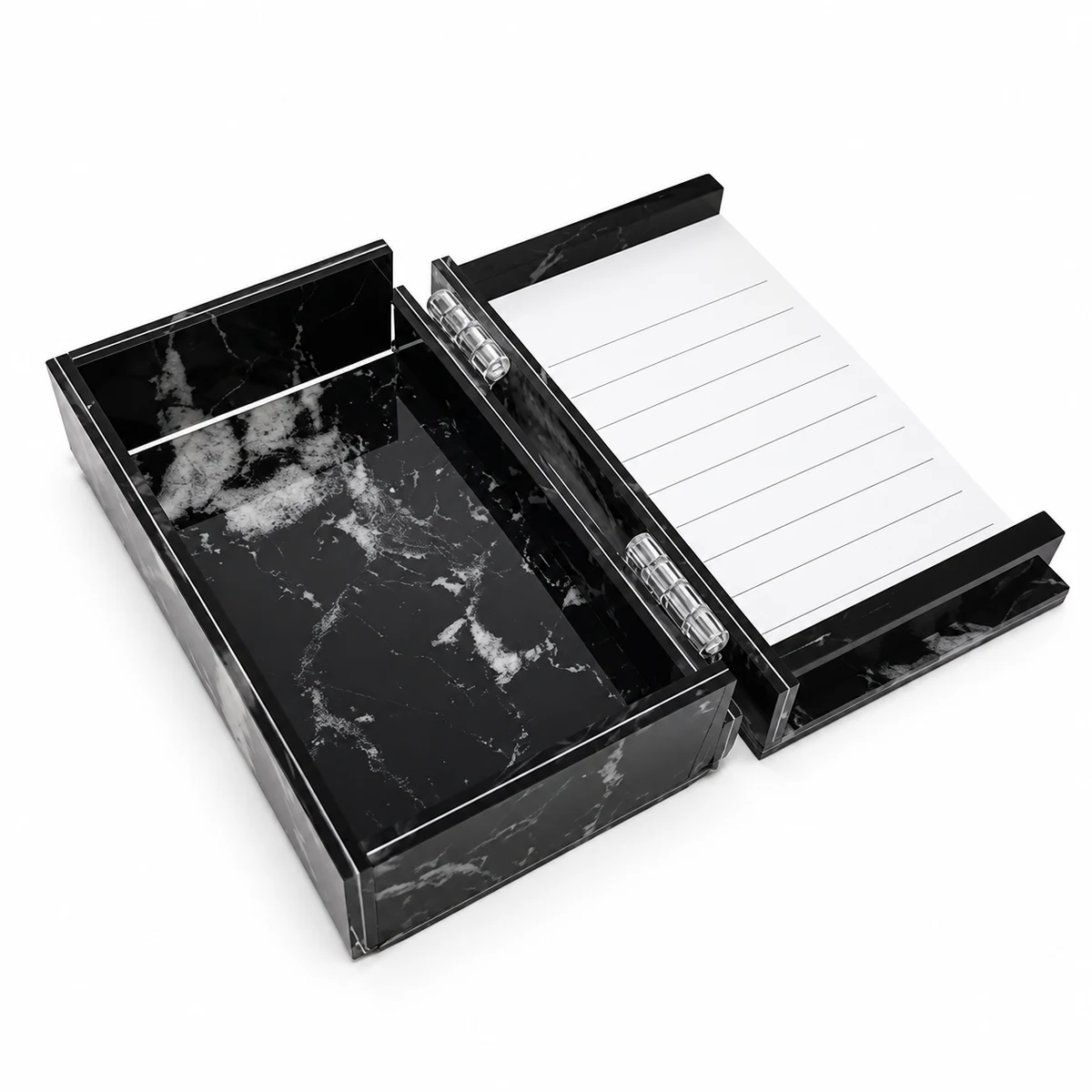 Open black marble-look acrylic lash case with an empty storage cavity and a white lined palette attached by two clear hinges