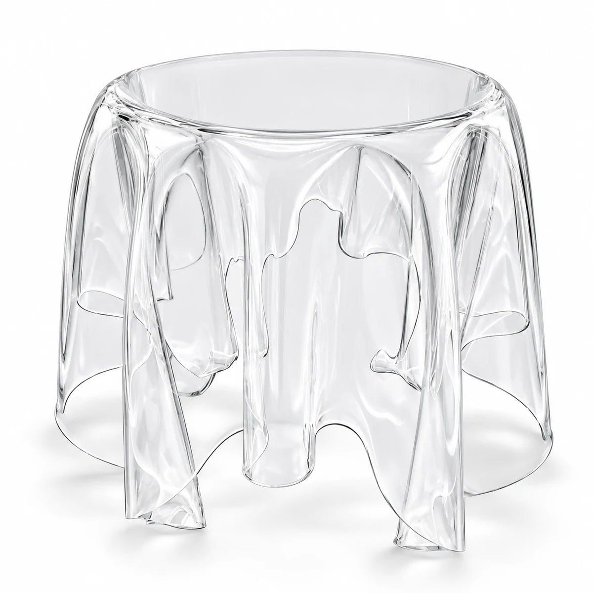 Clear round acrylic side table with a circular top and flowing rigid draped folds forming the base