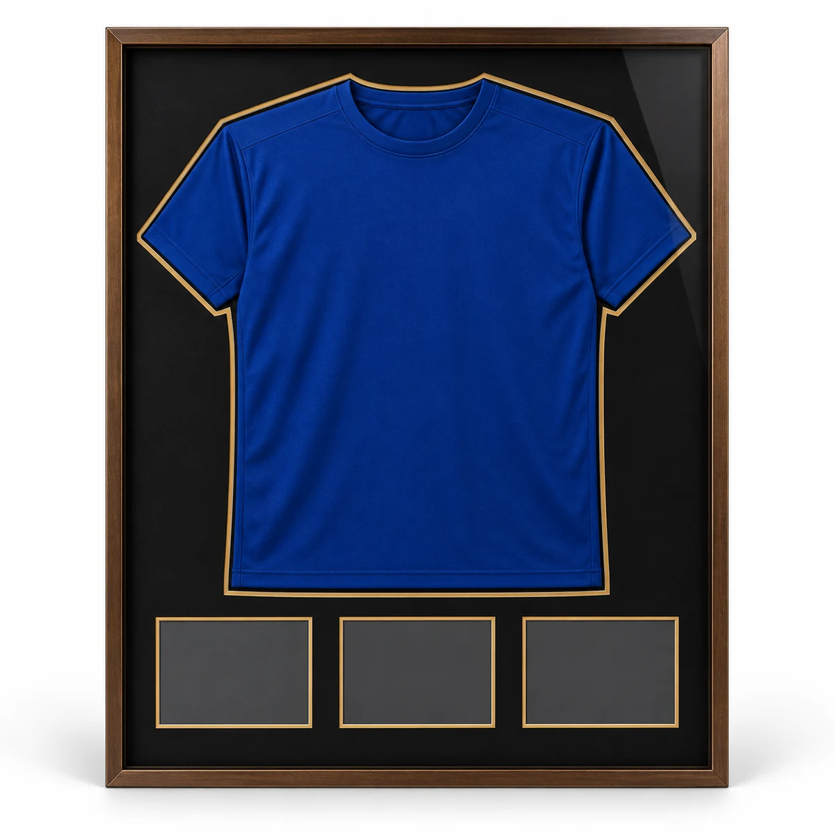 Portrait jersey display frame with a plain blue jersey, black backing, gold mat border and three blank photo windows