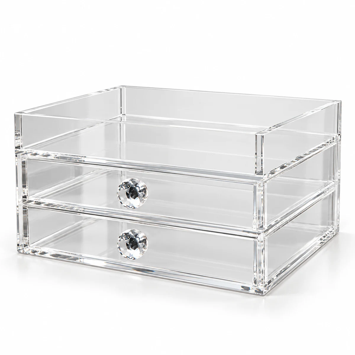 Clear acrylic makeup cabinet with two full-width drawers, two faceted pulls and an open raised-edge top tray