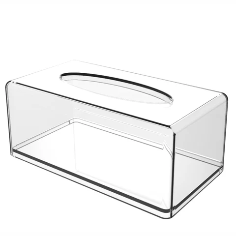 Two views of a clear rectangular tissue box filled with folded facial tissues