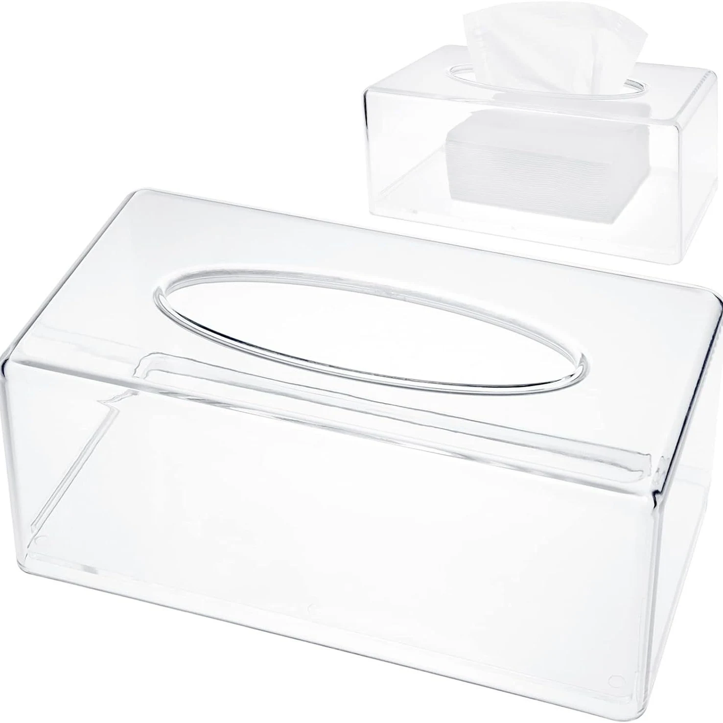 Clear rectangular PET tissue box with an oval top dispensing opening on a white background