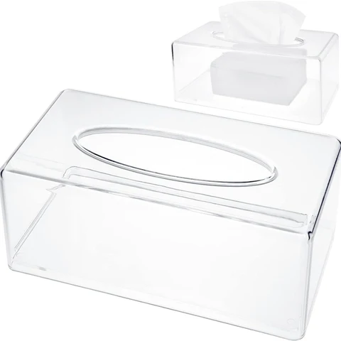Clear rectangular PET tissue box with an oval top dispensing opening on a white background