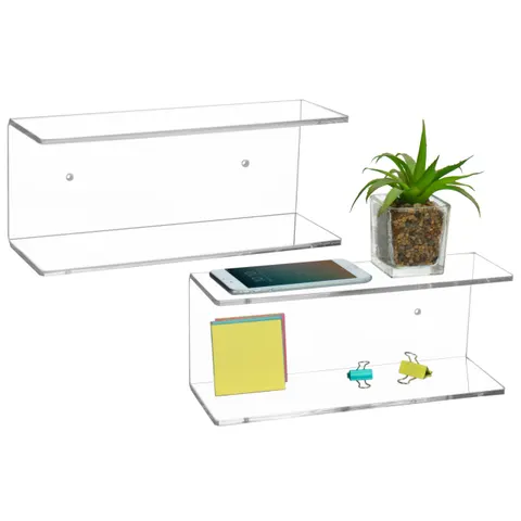 Clear wall shelf reference showing its support profile and mounting holes