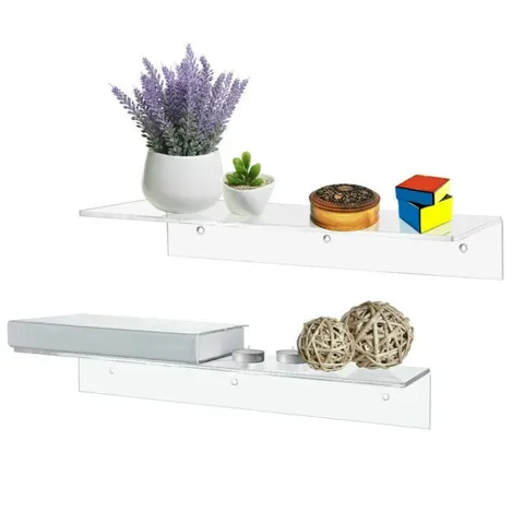 Grouped transparent wall shelves with plants and decorative objects