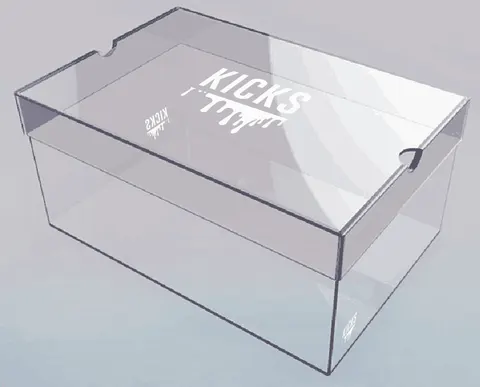Clear acrylic shoe display box with a hinged opening