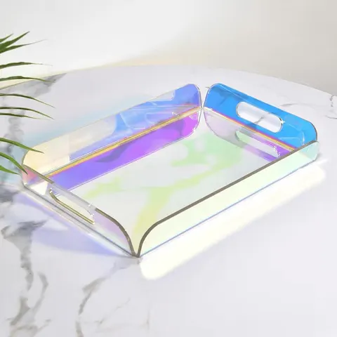 Two iridescent acrylic serving trays with cutout handles