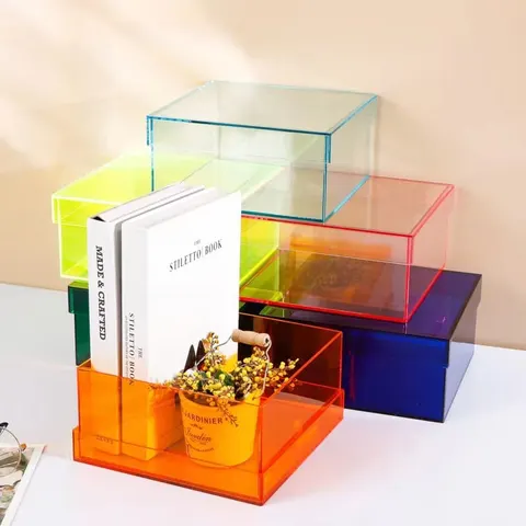 Open transparent colored acrylic display boxes in grouped arrangements