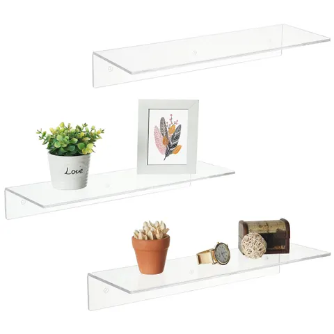 Clear wall shelves displaying plants, a photo frame and small objects