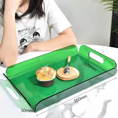 Green acrylic serving tray shown with reference dimensions