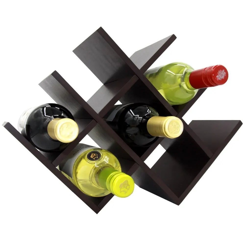 Dark diamond-grid acrylic wine rack with several bottles