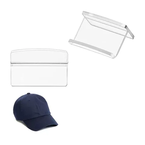 Empty transparent cap holder shown in two views beside a blue cap