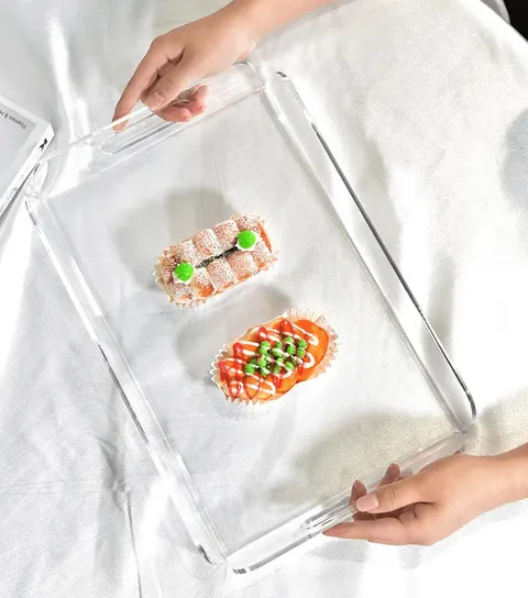 Clear rectangular acrylic serving tray with cutout handles