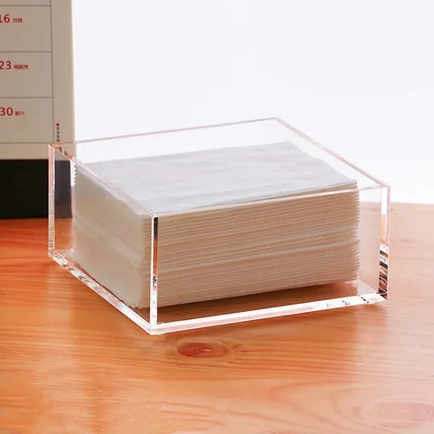 Open square acrylic napkin holder with a U-shaped front cutout