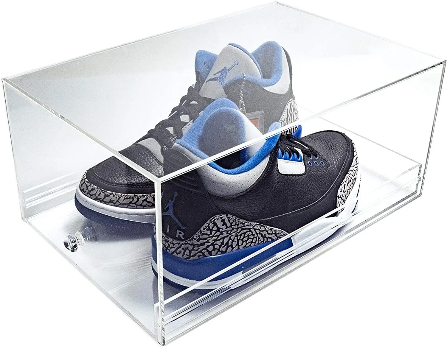 Clear acrylic shoe display box with a hinged opening