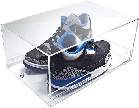 Clear acrylic shoe display box with a hinged opening