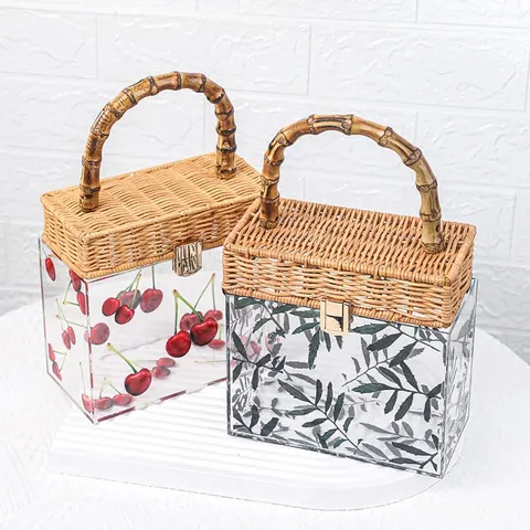 Transparent fruit-pattern gift box with a woven-look lid and loop handle