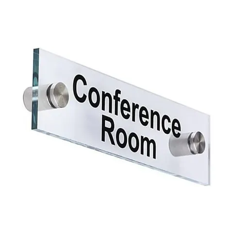 Printed acrylic door sign mounted with metal standoff-style fixings