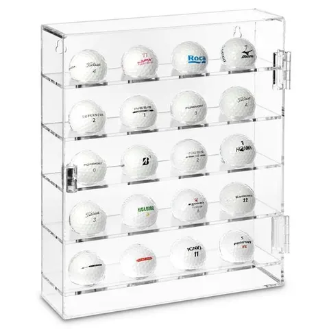 Clear multi-tier golf-ball display case with front-panel hinge details