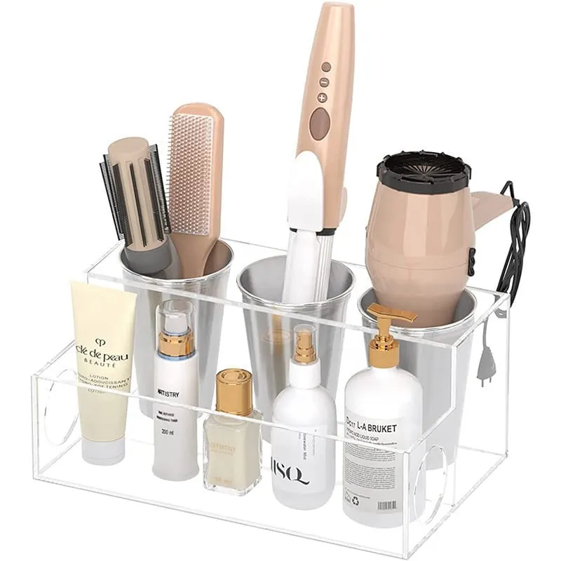 Wall-mounted acrylic bathroom organizer with compartments and a round tool opening