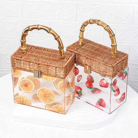 Transparent fruit-pattern gift box with a woven-look lid and loop handle