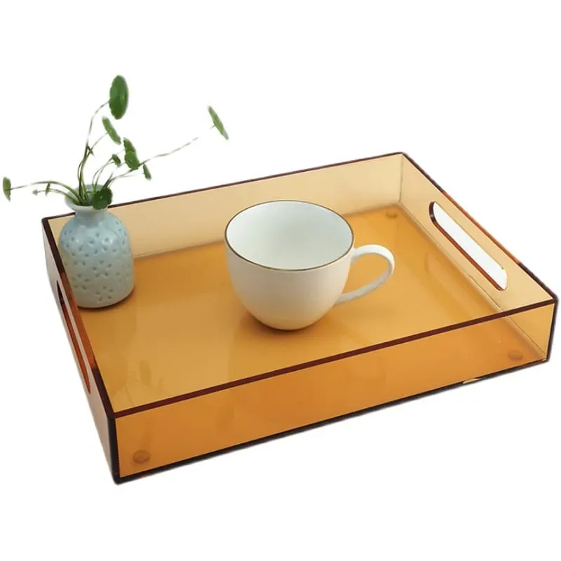 Colored rectangular acrylic serving tray with raised sides and handle openings