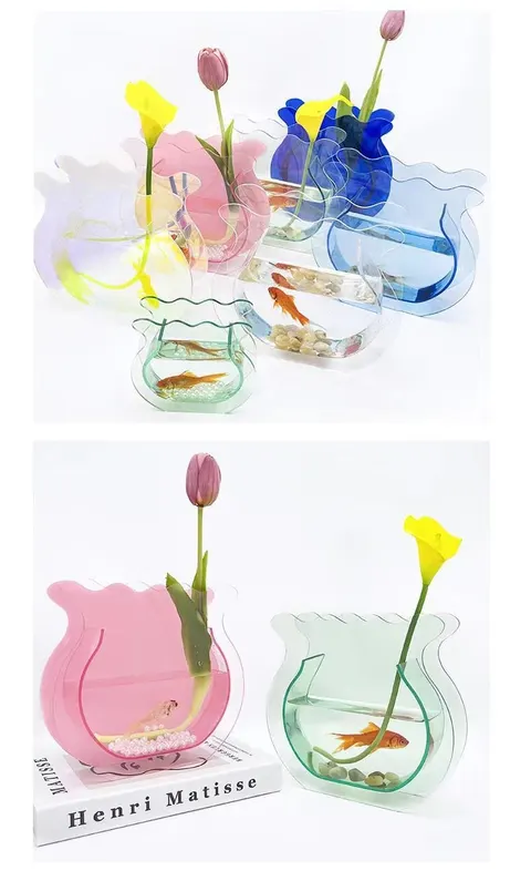 Fishbowl-shaped flower vases shown in several transparent colors