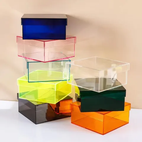 Open transparent colored acrylic display boxes in grouped arrangements
