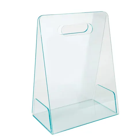 Open transparent gift-bag display with tall panels and cutout handles