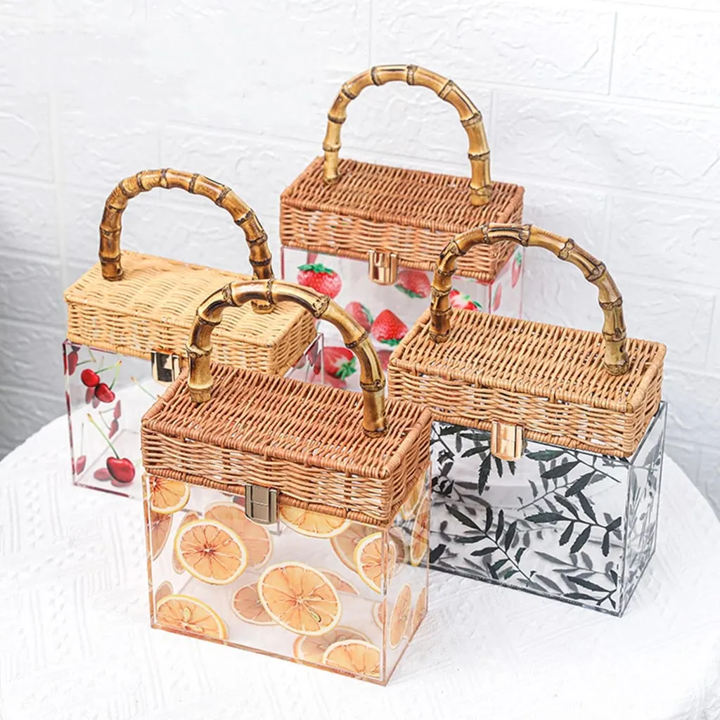 Transparent fruit-pattern gift box with a woven-look lid and loop handle