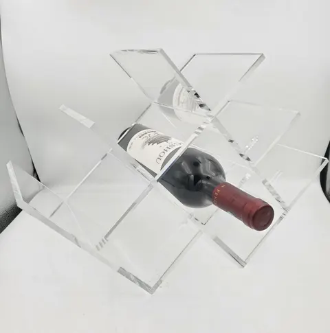 Clear interlocking acrylic wine rack with a displayed bottle