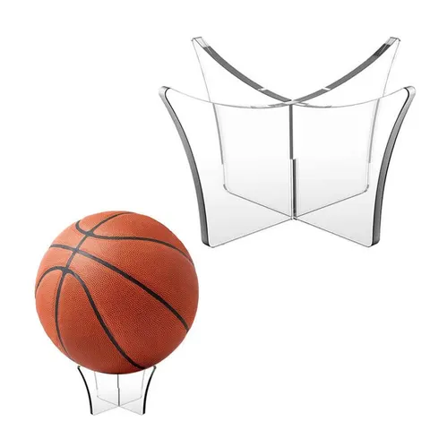 Clear slotted acrylic cradle displaying a basketball