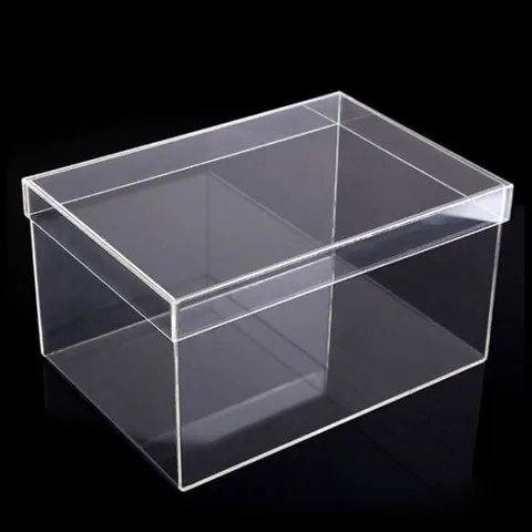 Clear acrylic shoe display box with a hinged opening